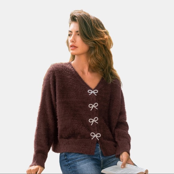 Cupshe Sweaters - Women's Cozy Bow-Adorned Cardigan Sweater - Cupshe-L-Brown